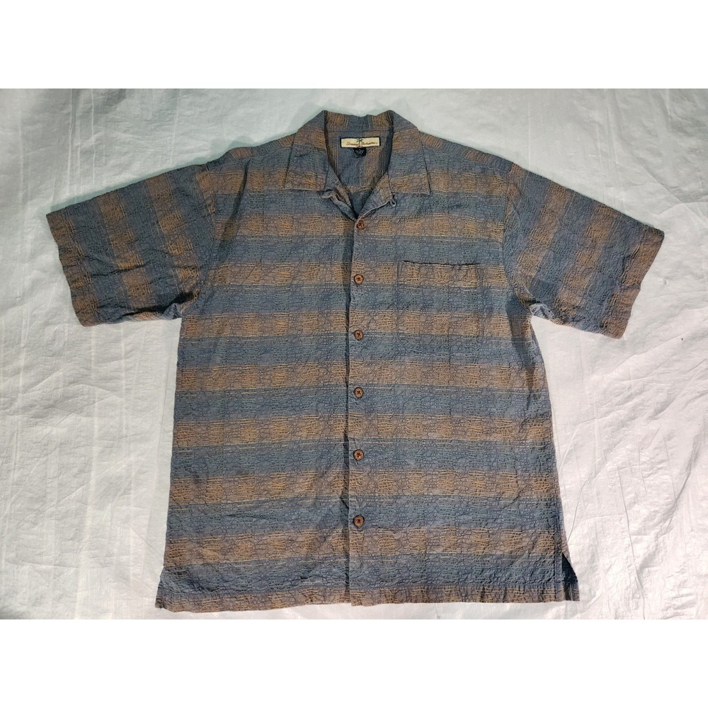 Tommy Bahama 100% Silk Short Sleeve Button Down Shirt Blue Brown Medium M Grey